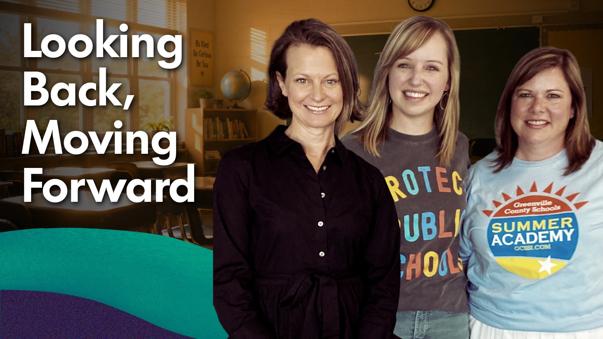 Image of a classroom with the words "Looking back, moving forward" overlayed