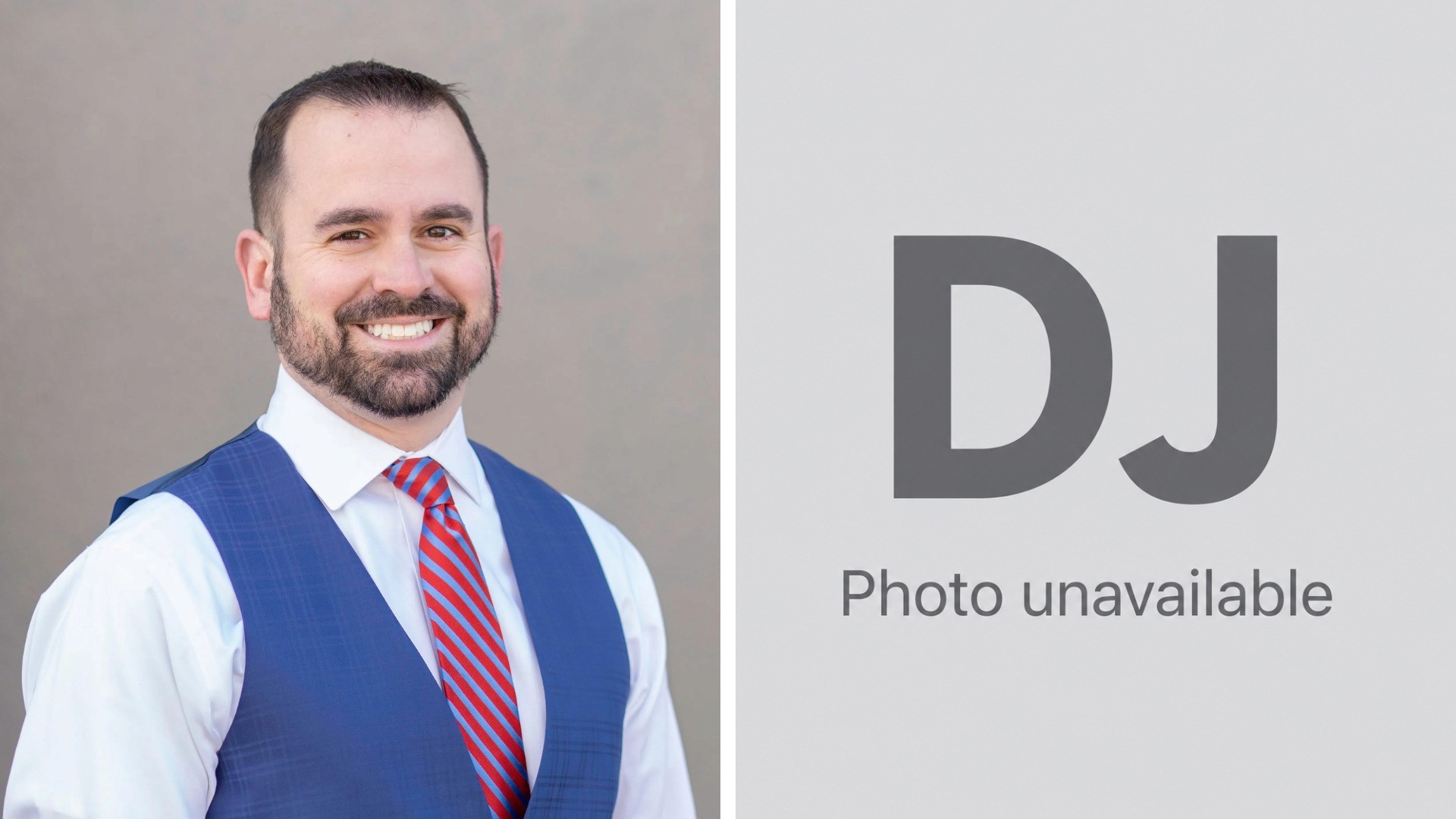 Neal Collins pictured on the left; on the right, a gray placeholder with the initials ‘DJ’ and the words ‘Photo unavailable’ represents David Jones.