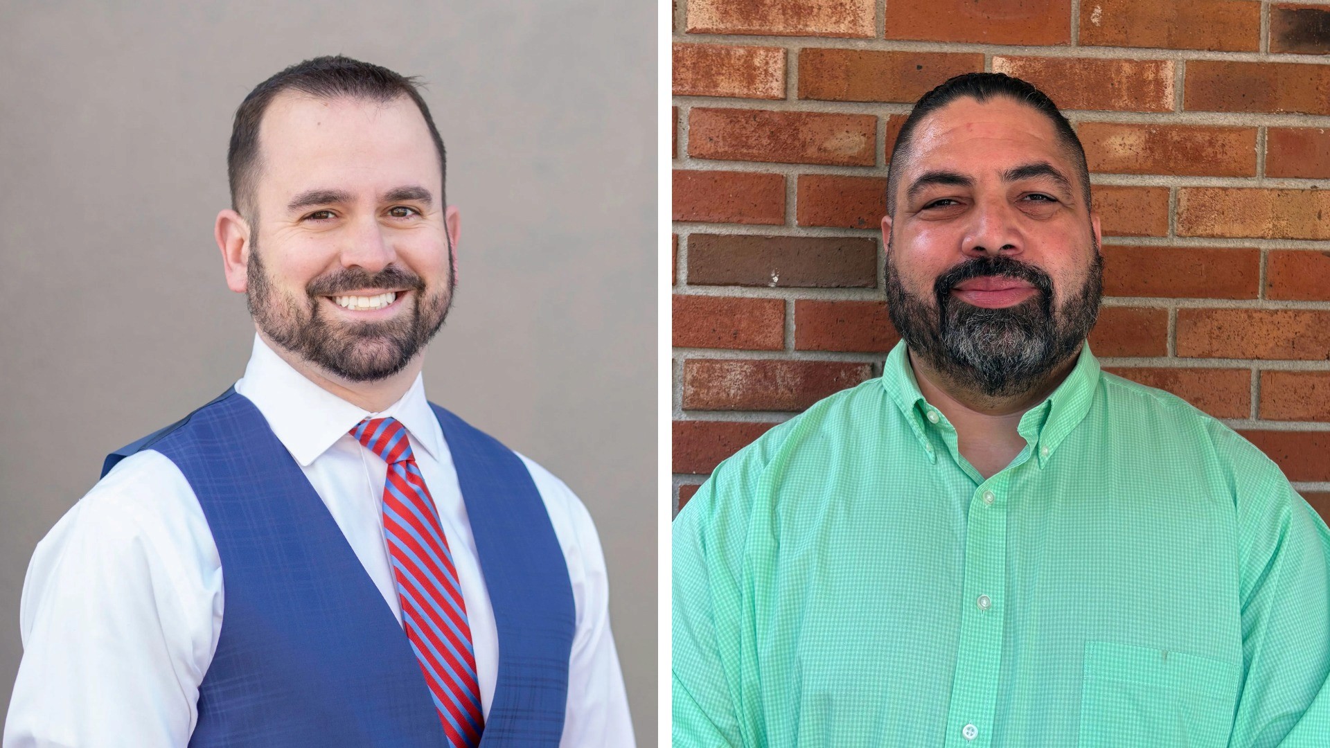 Neal Collins pictured on the left; on the right, a gray placeholder with the initials ‘DJ’ and the words ‘Photo unavailable’ represents David Jones.